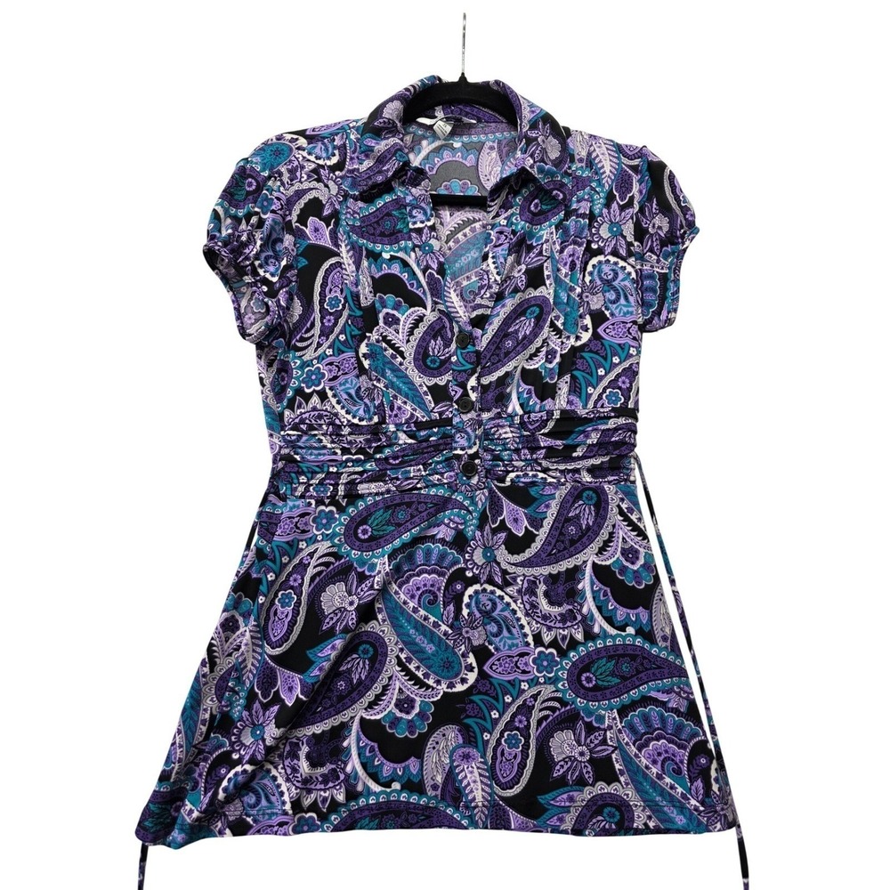 Speechless Purple Paisley Empire Waist Blouse Short Puff Sleeve Top Small